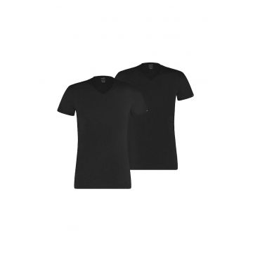 Set de tricouri de casa - din bumbac - cu decolteu in V - 2 piese - Alb/Negru