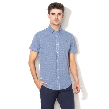 Camasa slim fit cu model gingham Giulian - Alb/Bleumarin