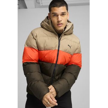 Geaca matlasata cu gluga - Portocaliu/Verde inchis/Bej