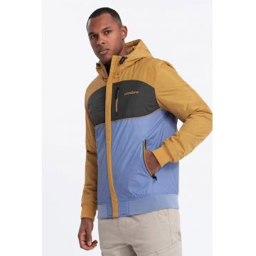 Jacheta cu gluga si fermoar - Albastru deschis/Ocru