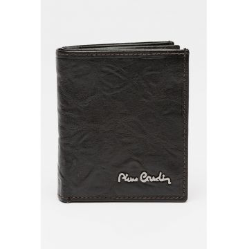 Portofel pliabil din piele cu logo metalic - Maro inchis