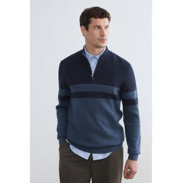 Pulover din bumbac cu fenta cu fermoar - Bleumarin