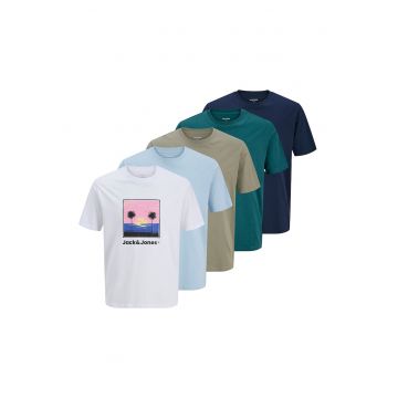 Set de tricouri din bumbac cu imprimeu - 5 piese - Alb/Roz pastel/Albastru azur/Bleumarin