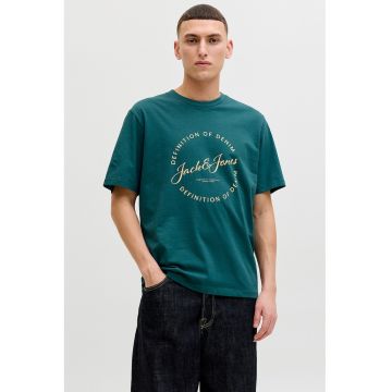 Tricou de bumbac cu imprimeu logo - Galben pai/Albastru petrol