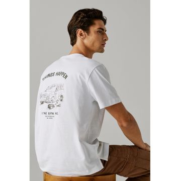 Tricou din amestec de bumbac cu imprimeu grafic pe partea din spate - Alb/Kaki inchis