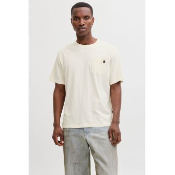 Tricou din amestec de bumbac organic cu buzunar aplicat pe piept - Crem