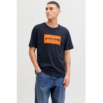 Tricou din bumbac cu imprimeu logo pe piept - Albastru ultramarin/Portocaliu mandarina