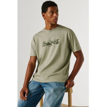 Tricou din bumbac cu logo - Kaki deschis/Kaki inchis