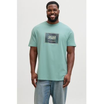 Tricou din bumbac organic cu imprimeu logo pe piept - Albastru aquamarin/Galben pal