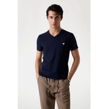 Tricou slim fit cu decolteu in V - Bleumarin