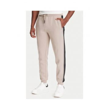 Pantaloni de trening din amestec de bumbac cu benzi laterale contrastante si logo cu aspect metalizat