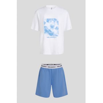 Pijama din amestec de bumbac organic cu imprimeu foto - Alb optic/Albastru