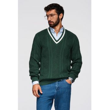 Pulover cu decolteu in V si model torsade - Alb/Verde