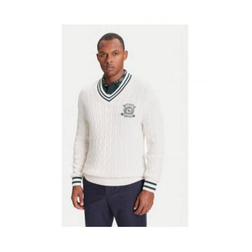 Pulover din amestec de bumbac cu model matlasat si decolteu la baza gatului