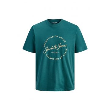 Tricou cu decolteu la baza gatului si imprimeu logo - Galben pal/Albastru petrol