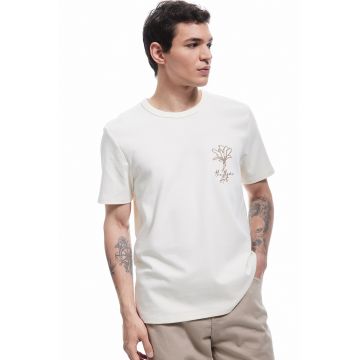 Tricou cu decolteu rotund cu broderie - Maro inchis/Alb murdar