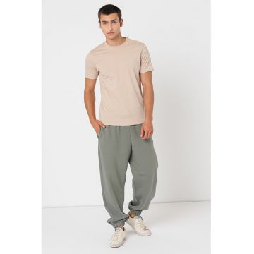 Tricou din bumbac cu decolteu la baza gatului - Maro nisip