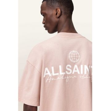 Tricou lejer cu imprimeu logo si maneci cazute - Roz pal