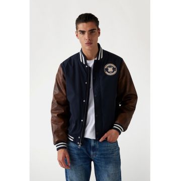 Zip Jacheta cu mansete si guler contrastant - Maro/Bleumarin