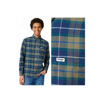Camasa Barbati -  1PKT Flannel Shirt - Regular Fit - Design Clasic - Maneci Lungi - Cu Guler - Cu Nasturi - Bumbac - Verde