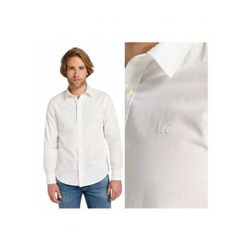 Camasa Barbati -  Patch Shirt - Regular Fit - Design Clasic - Maneci Lungi - Cu Guler - Cu Nasturi - Bumbac - Alb - Alb