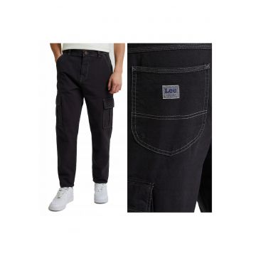 Pantaloni Barbati -  Cargo Pant Washed - Lungi - Straight Fit - Talie Medie - 5 Buzunare - Fermoar - Bumbac - W34-L32 US - Negru