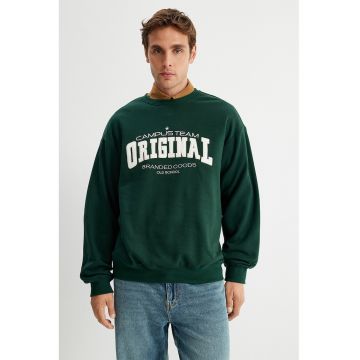 Bluza de trening cu imprimeu text - Alb/Verde padure