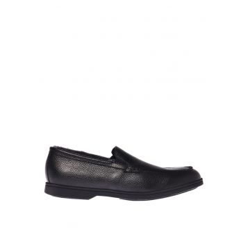 Pantofi loafer din piele cu capstuseala din lana de miel - Negru