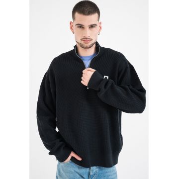 Pulover din tricot cu fenta cu fermoar - Negru