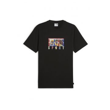 Tricou cu decolteu la baza gatului si imprimeu grafic - Negru