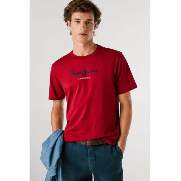 Tricou cu decolteu la baza gatului si logo - Rosu/Albastru ultramarin/Alb murdar