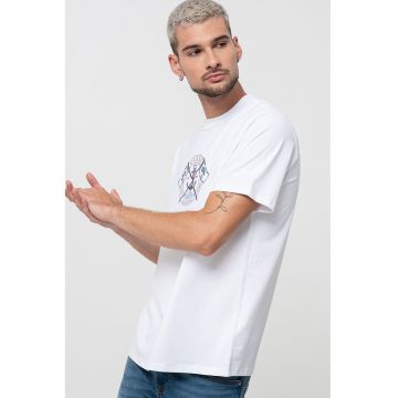 Tricou din bumbac cu broderie - Albastru pastel/Alb optic