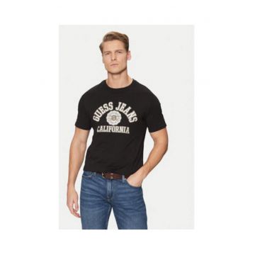 Tricou din bumbac cu decolteu la baza gatului si imprimeu pe piept