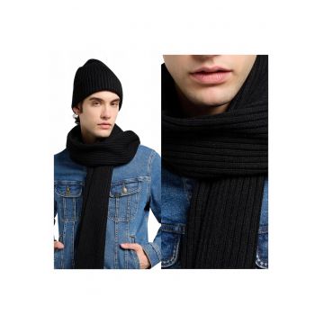 Caciula + Esarfa Barbati -  Xmas Pack - Regular Fit - Tricot Moale - Calduroasa Si Comoda - Sezonul Toamna-Iarna - Acril - One Size - Negru