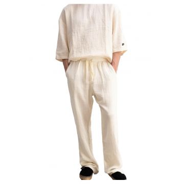 Pantaloni barbati -  croiala relaxata - snur talie - bej - bumbac