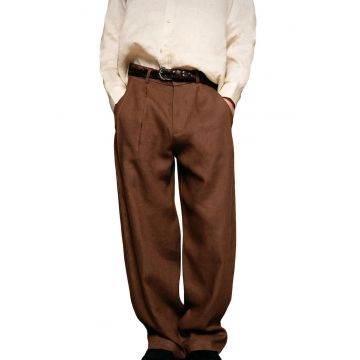 Pantaloni barbati -  din in - croiala dreapta - maro