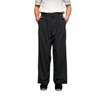 Pantaloni barbati -  plisati - bumbac/poliester - cu carouri - negru