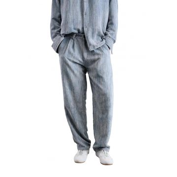 Pantaloni barbati -  texturati cu pliuri - croiala dreapta - albastru - poliester