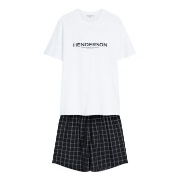 Pijama Barbati cu imprimeu text si carouri albastru-bej - Negru