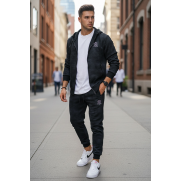 Trening barbati slim fit negru Pantaloni + Hanorac AB031