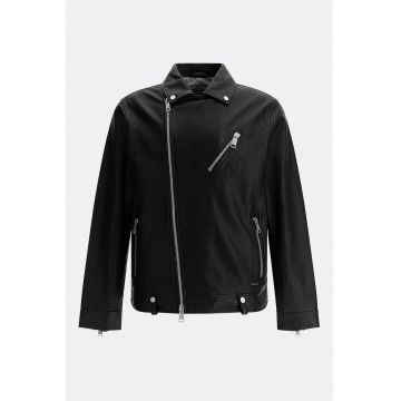 Jacheta biker de piele cu buzunare cu fermoar - Negru