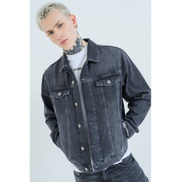 Jacheta de denim cu buzunare pe piept - Gri inchis