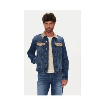 Jacheta din denim cu buzunare si model logo