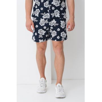 Pantaloni scurti de bumbac cu model floral si snur - Alb murdar/Bleumarin