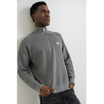 Pulover din tricot cu fenta cu fermoar - Gri melange
