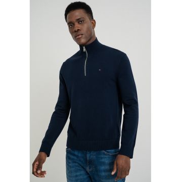 Pulover slim fit din bumbac organic - Bleumarin