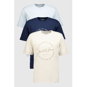 Set de tricouri cu imprimeu logo - 3 piese - Albastru pastel/Bej/Bleumarin