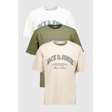 Set de tricouri din bumbac organic Denver - 3 piese - Alb/Maro camel/Kaki inchis