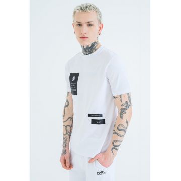 Tricou cu decolteu la baza gatului si imprimeu - Alb/Negru