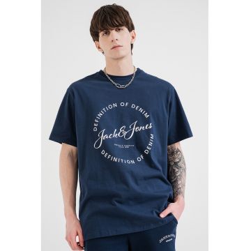 Tricou cu decolteu la baza gatului si imprimeu logo - Alb/Bleumarin